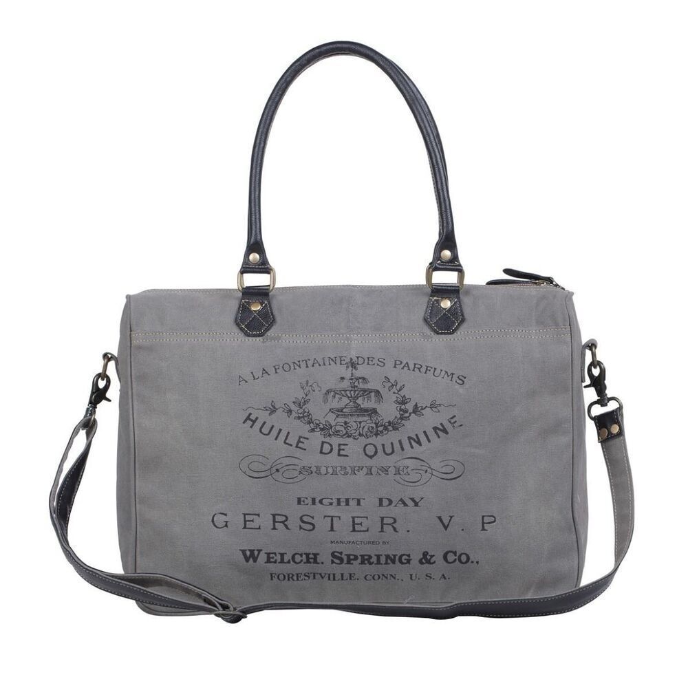 Myra Bag Handmade Gray Messenger Bag Upcycled Canvas & Cowhide Leather